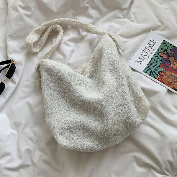 Plush Women Shoulder Messenger Bag Solid Big Capacity Shoulder Tote (White)