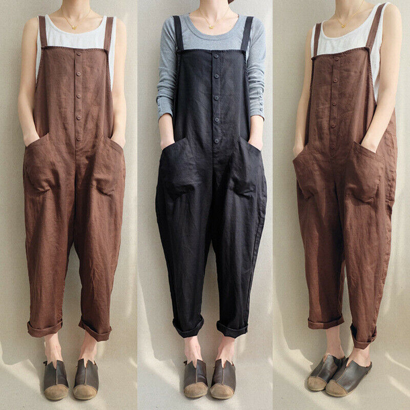 Casual Women Solid Color Strappy Pocket Loose Harem Jumpsuit Black S J6E4