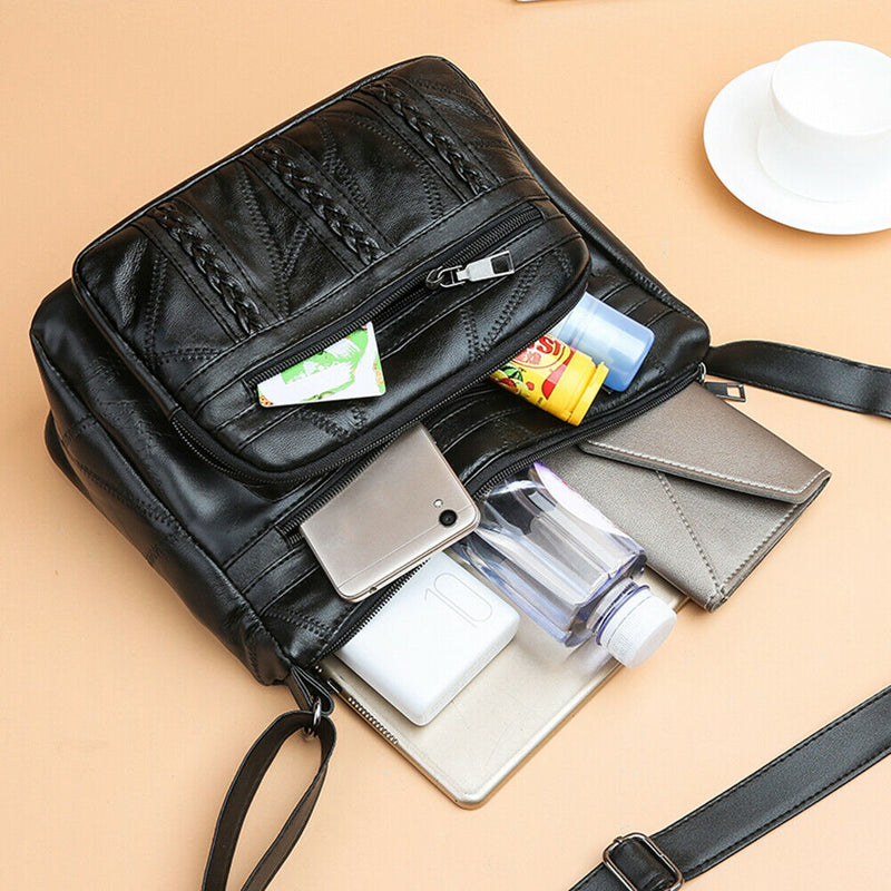 Retro Solid Shoulder Handbags Braided Women PU Multi-pocket Messenger Bag