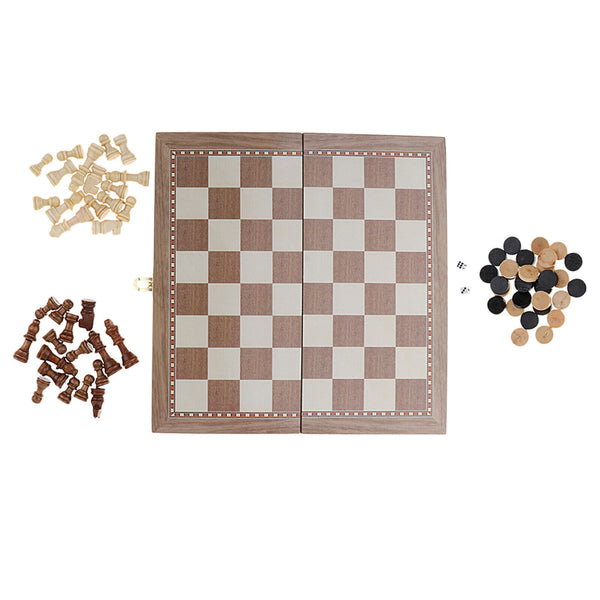 Premium Folding Wood Chess Set Built in Storage & Round Extra Pieces -