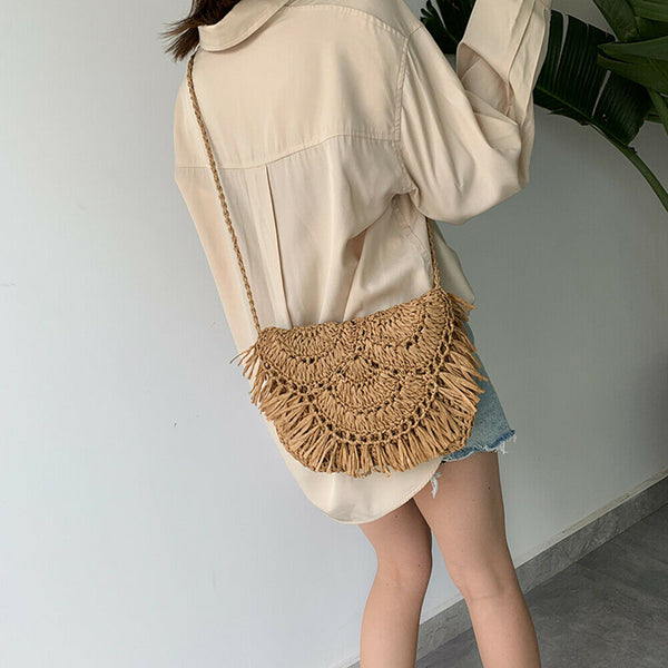 Summer Straw Tassel Shoulder Bag Women Beach Messenger Satchel Bags (Brown)