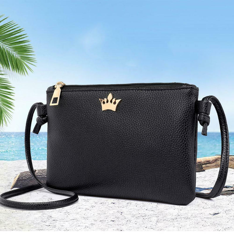Women PU Leather Crown Shoulder Bags Zipper Casual Crossbody Bags/Black