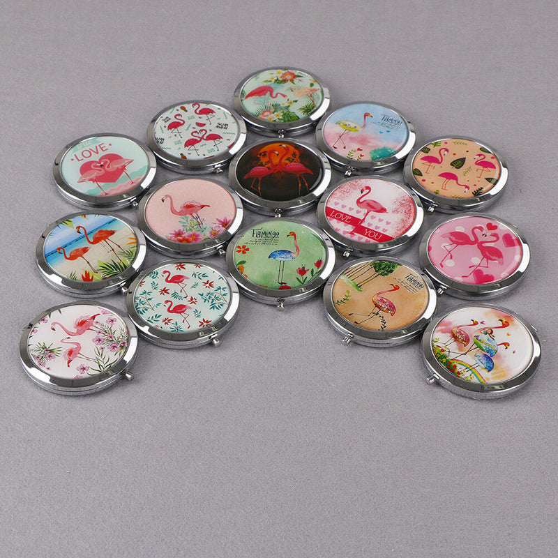 Women makeup compact pocket flamingo mirrors portable double-side folding mirrJR