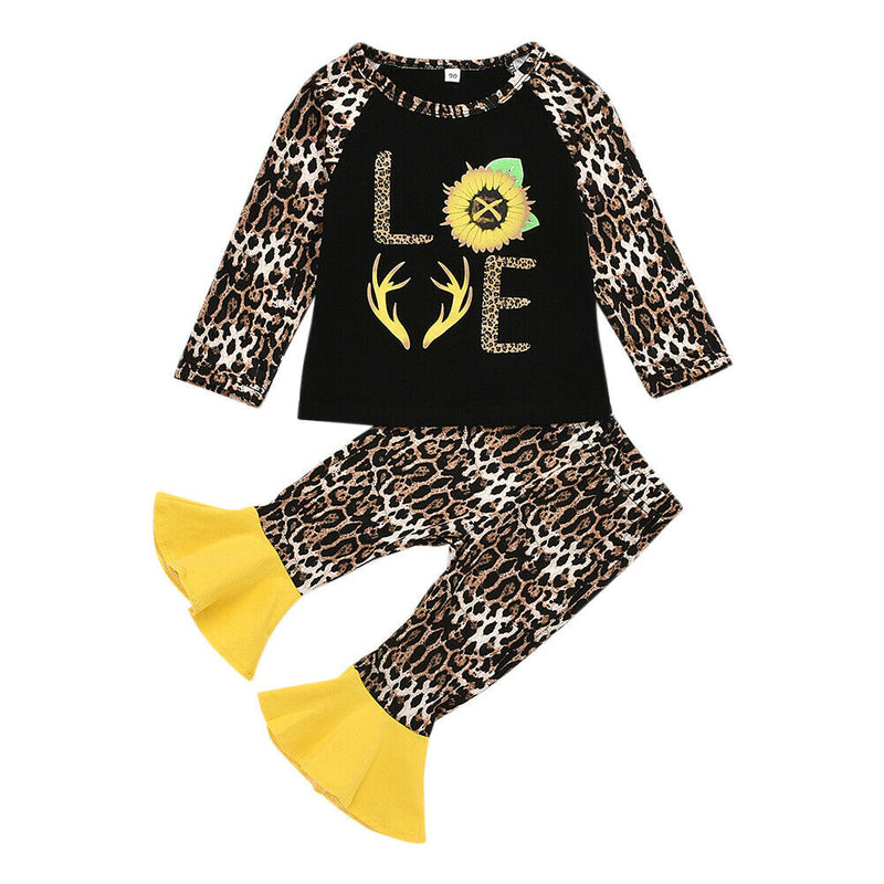 2pcs Kid Autumn Clothes Set Leopard Girls Jumper + Bell Bottom Pants (5-6T)
