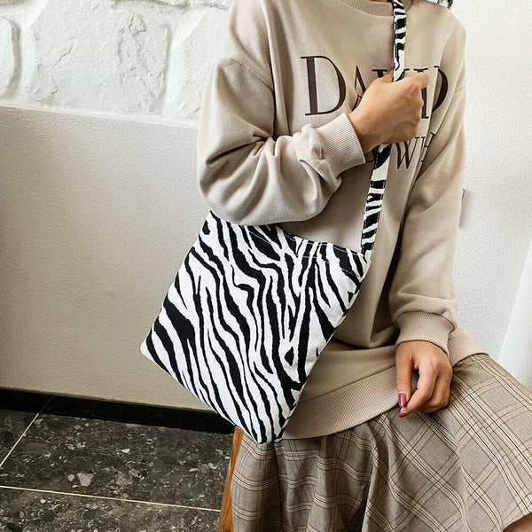 Portable Zebra Canvas Shoulder Tote Women Large Capacity Tote Crossbody Bag