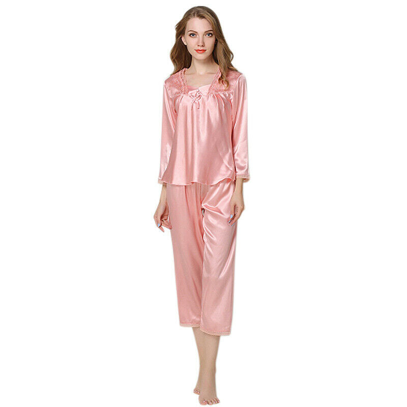 Autumn Women Silk Pajamas 2 Sets Long Sleeve Sleepwear Casual Lace Home Wea