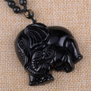 Natural Black Obsidian Stone Carved Cute Elephant Lucky Pendant Beads Necklace