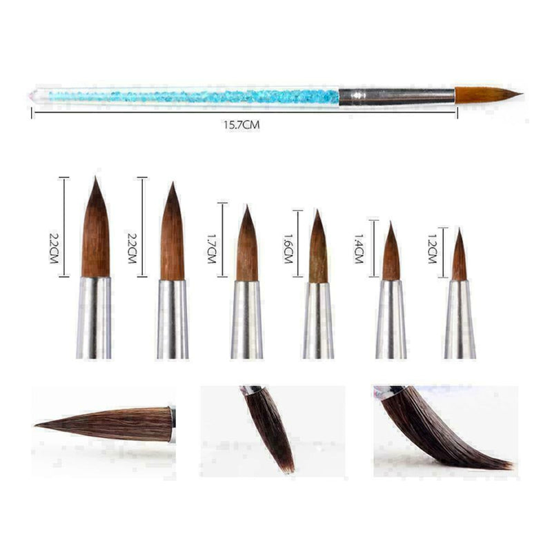 6Pcs/set Nylon Hair Nail Brush Blue Rhinestone Handle Kolinsky Acrylic Brus X3J0