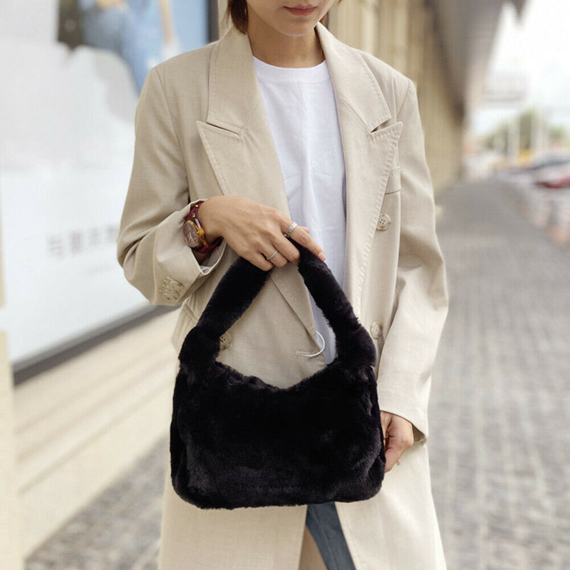 Women Winter Fur Handbag Plush Shoulder Underarm Bag Fashion Clutch (Black) A