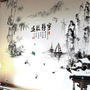 Excellent Black Color Bamboo Mountain Rivers Boats Wall Stickers Chinese- OZ