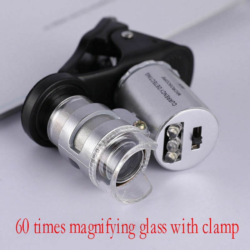 1* New 60X Mini Clip LED Microscope Magnifier Loupe UV Currency Detector HCC