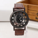 Fashion Business Skeleton Watch Men Engraving Hollow Quartz Wristwatch Leat