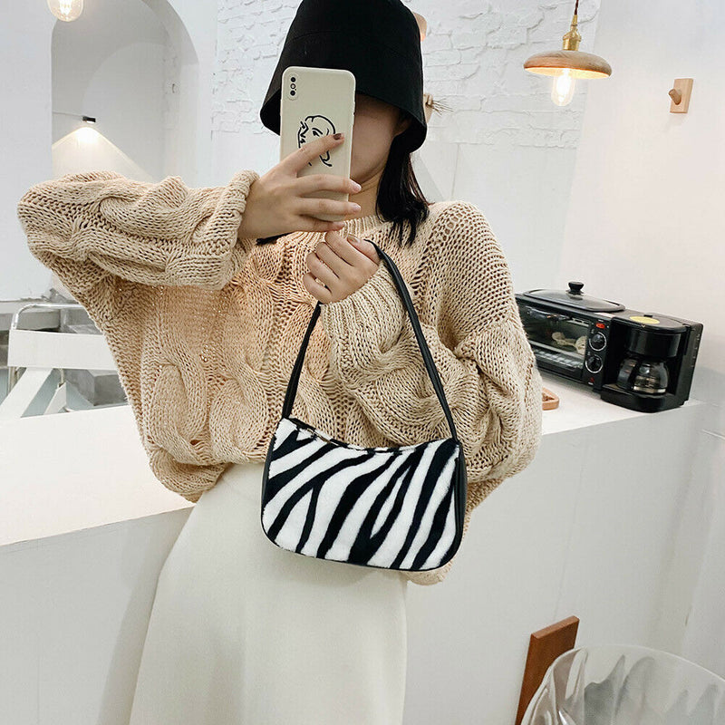 Women Plush Shoulder Underarm Bag Zebra Printed Fashion Winter Handbag (3)