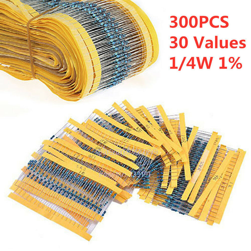 300Pcs 30Values 10-1M Ohm 1/4W  1% ResistanceMetal Film Resistor Assortment Kit