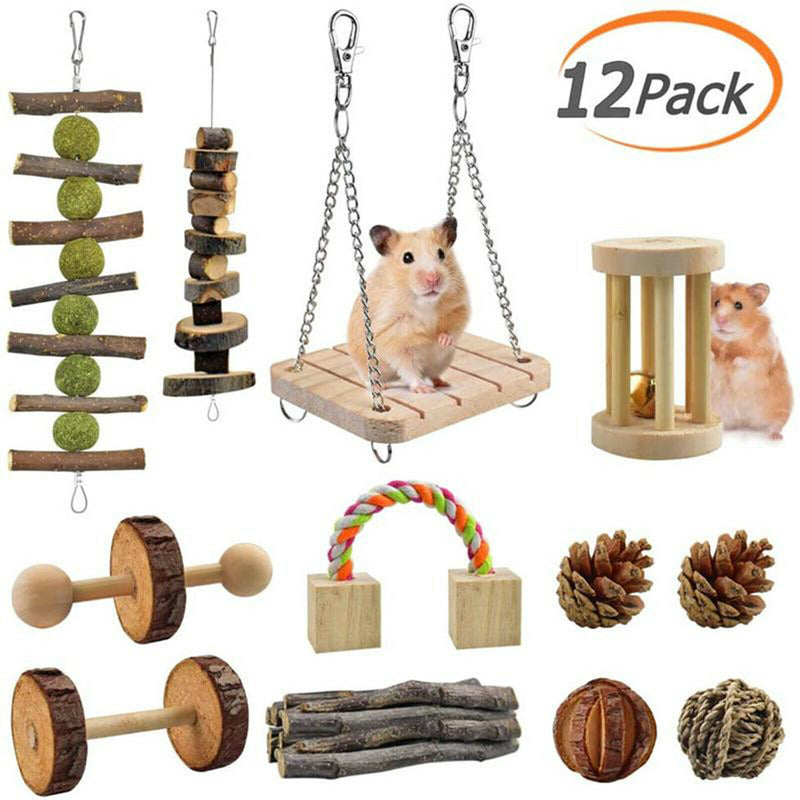 12Pc Guinea Pig Toys Wooden Dumbells Exercise Bell Roller Fun Pet Balls Supplies