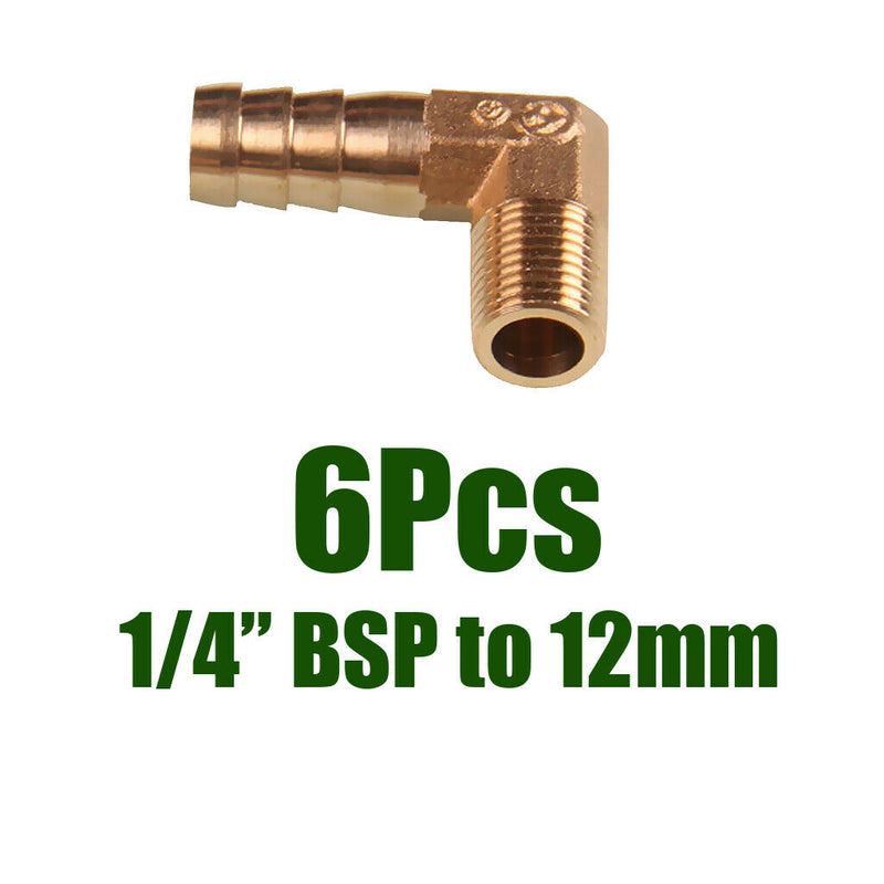 6x Fuel Gas Hose Tube 1/4'' to 12mm 90 Degree Brass Elbow Male Barb Adapter