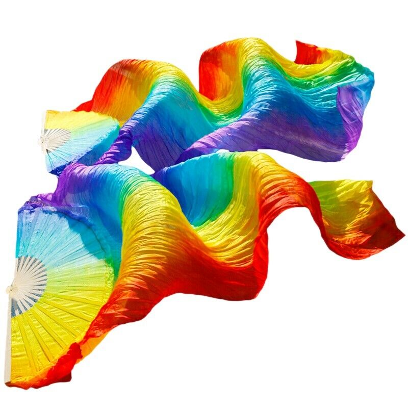 Handmade Women Quality Belly Dance Fan Dance 100% Real Silk Veil Rainbow Co E4N6