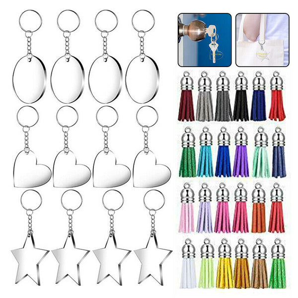 DIY 24Pcs Transparent Acrylic Keychain Blank Star Heart Circle Discs+Tassels #