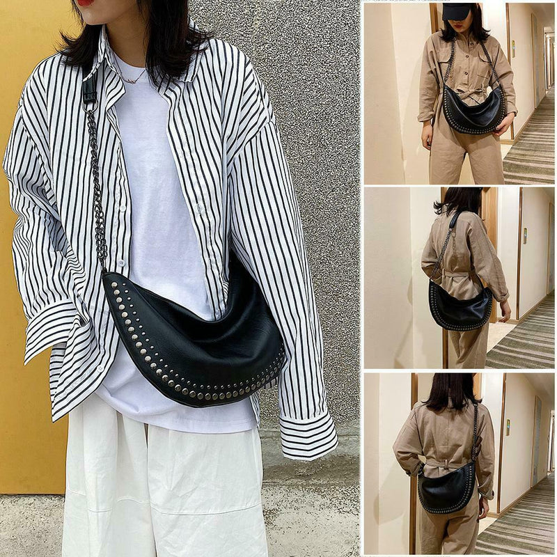 Women PU Leather Semicircle Shoulder Crossbody Sling Bag Rivet Messenger Handbag