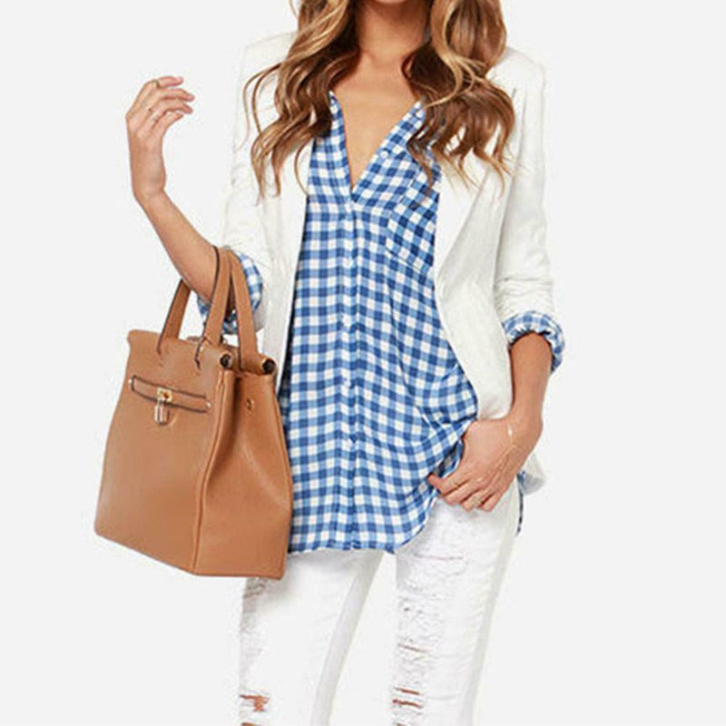 Cotton Plaid Long Sleeve T-shirt Lapel Single-breasted Women Blouse (M)