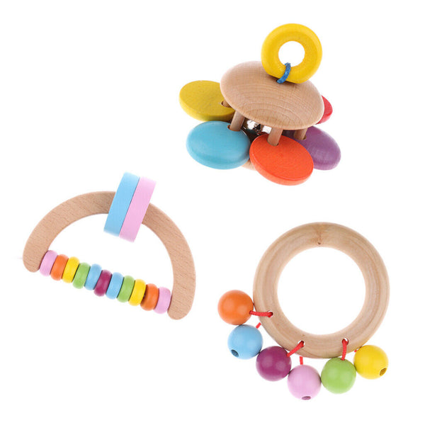 3pcs Wooden Baby Rattle Educational Grasping Rattle Montessori Toddler Toys