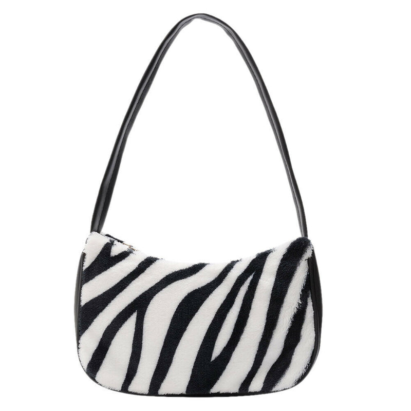Women Plush Shoulder Underarm Bag Zebra Printed Fashion Winter Handbag (3)