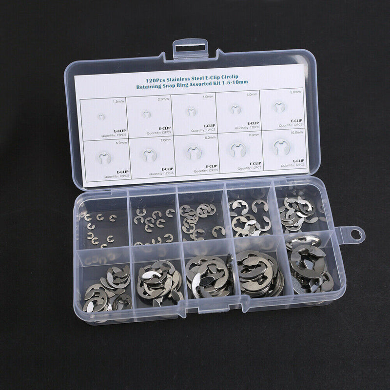 120Pcs 304 Stainless Steel E-Clip Retaining Circlip Assortment Kit 1.5mm to 10mm