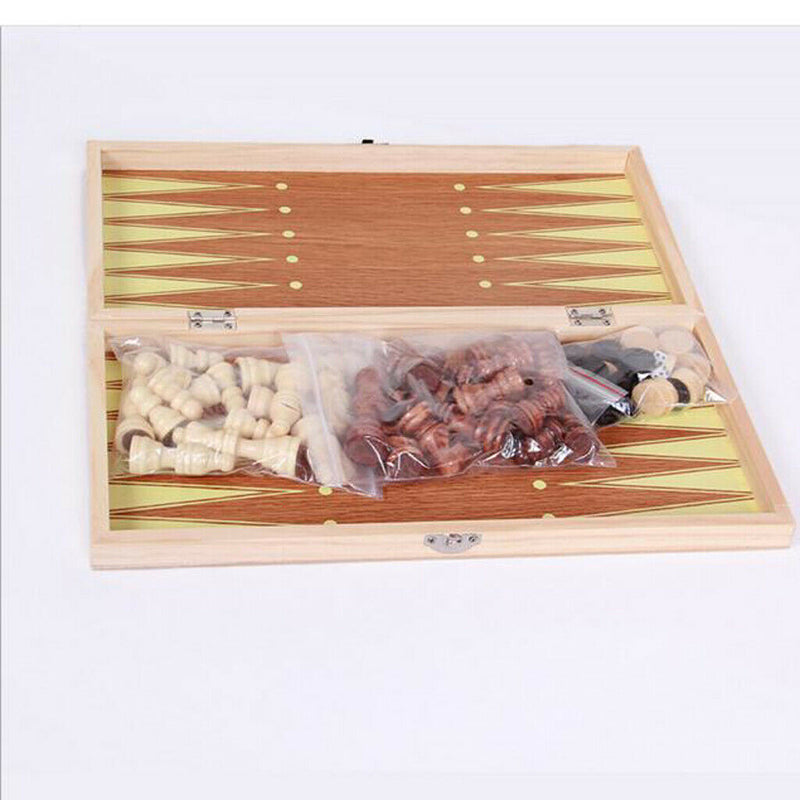 Folding Wood Chess Set Travel Handcrafted Board Backgammon 34x34cm