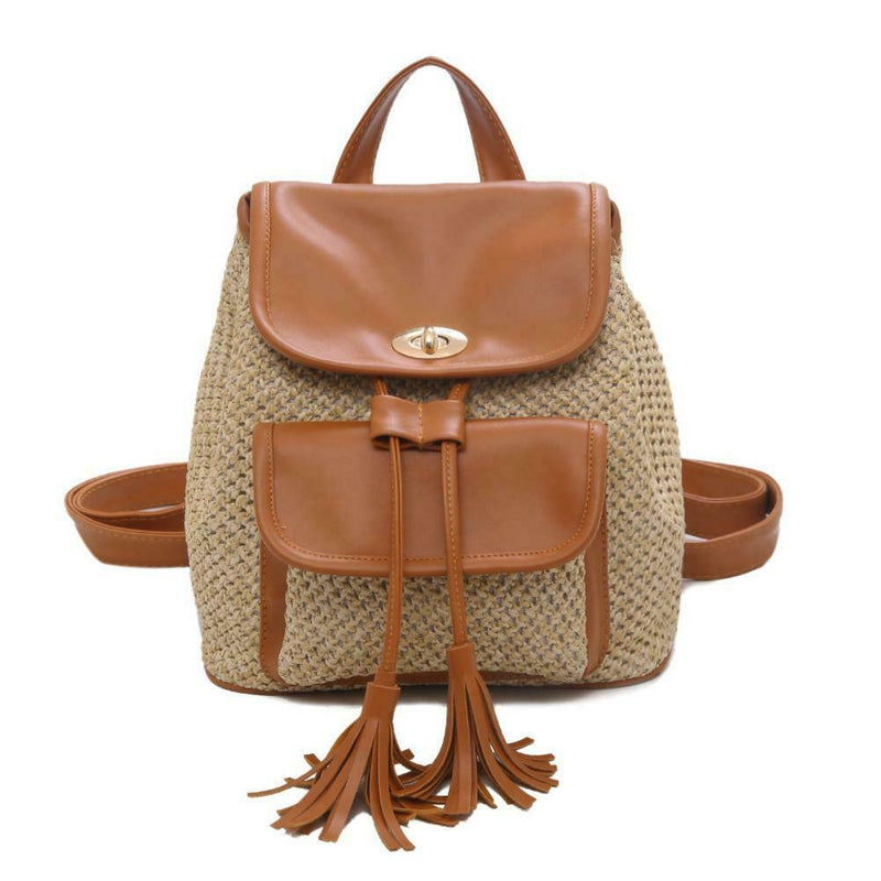 Leather Woven Backpacks Women Tassel Flap Schoolbags Knapsack (Light Brown) A