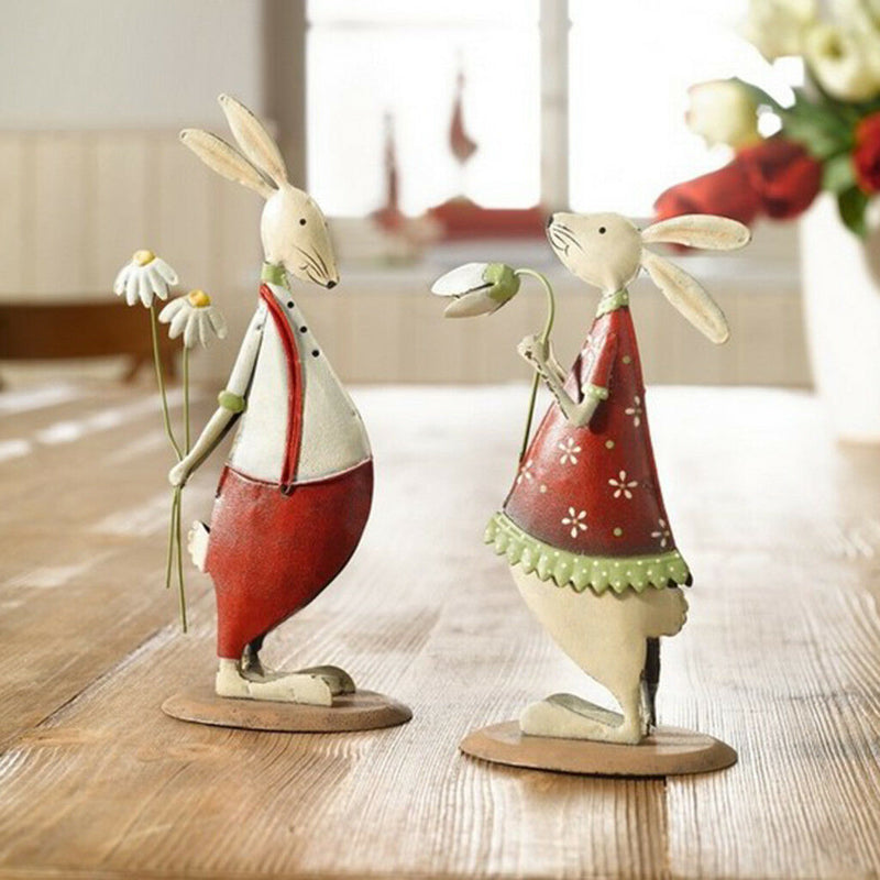 Iron Craft Gift Cartoon Couple Rabbits Statue Garden Sculpture Home Ornament