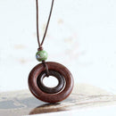 Unisex Retro Double Circle Pendant Brown Wood Bead Pendant Rope Chain Neckl S9C2