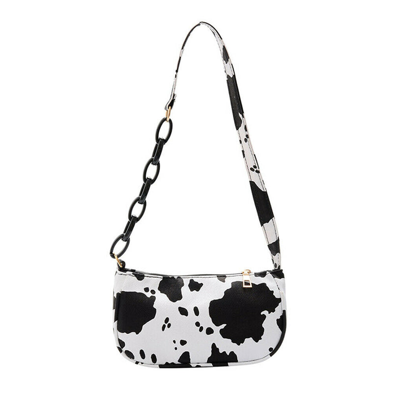 Cow Print PU Women Handbag Tote Acrylic Chain Underarm Shoulder Bag (White)
