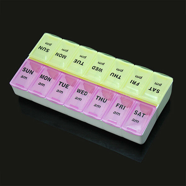 High Quality Light Yellow+Light Purple 14 Slots 7 Day Tablet Pill Storage Box