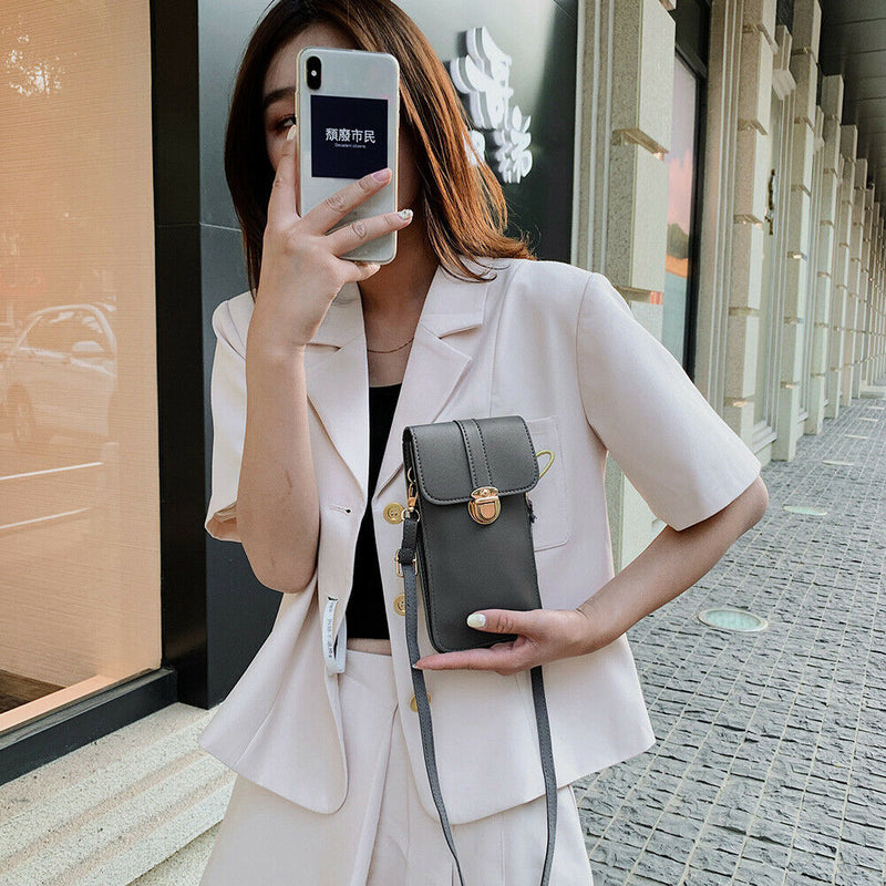 Women Touch Screen Mobile Phone Pouch PU Splicing PVC Crossbody Bag (Black)