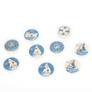 10PCs Natural Wooden Round Buttons Blue Nautical Design Sewing Accessories  OZ