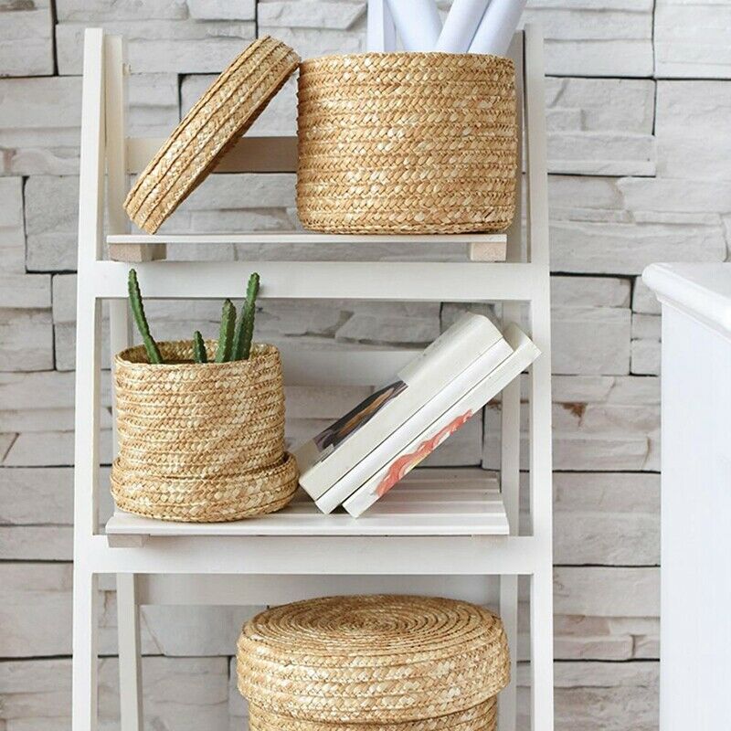 3 Pcs/Set Handmade Straw Woven Storage Basket With Lid Snack Organizer Stor S7I8