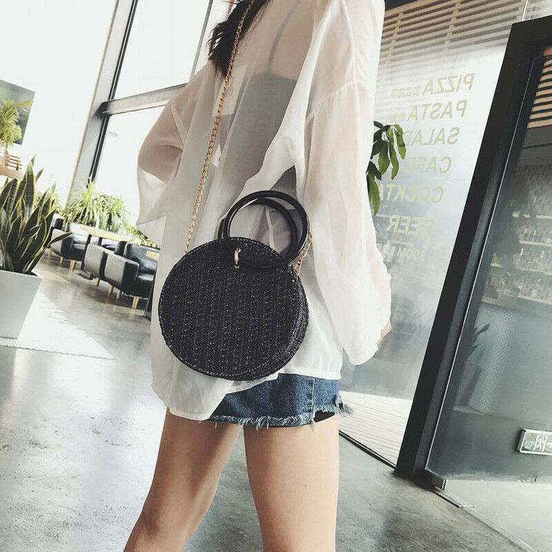 Women Handmade Round Beach Shoulder Bag Circle Straw Bags Summer Woven Ratt Q5V8