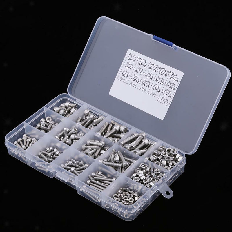 440pcs M3 M4 M5 Stainless Steel Hex Socket Head Cap Screws Nut Kit+Box