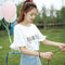 Embroidery Letter Print T-shirts Women O-neck Flare Sleeve Tees Tops (M)