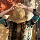 Modish Lady Girl Bohe Style Rainbow Stripe Straw Brim Floppy F9U7 Sun Hat- C5V6