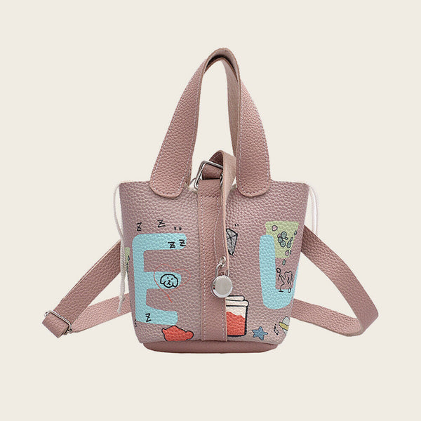Mini Leather Shoulder Bag Women Graffiti Totes Messenger Handbag (Pink)
