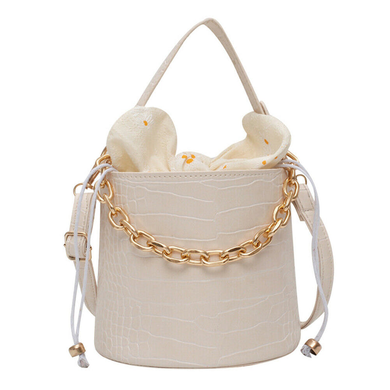 Alligator PU Bucket Bag Women Chain Shoulder Crossbody Handbag (White) A