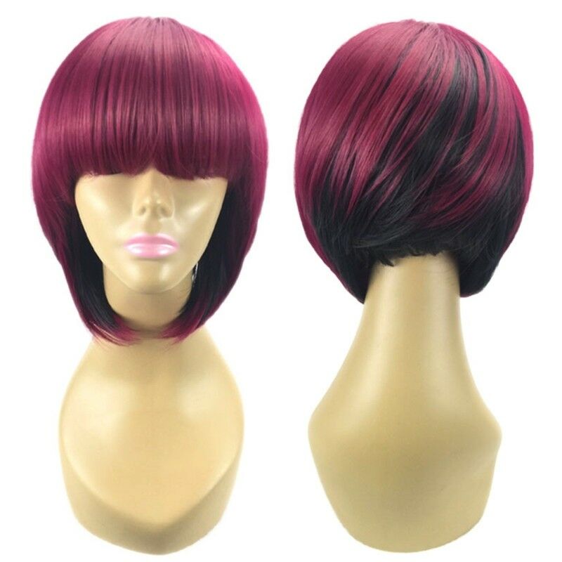 Ombre Wine Red/Black Short Straight Wigs Synthetic Hair Bob Women Fashion Soft
