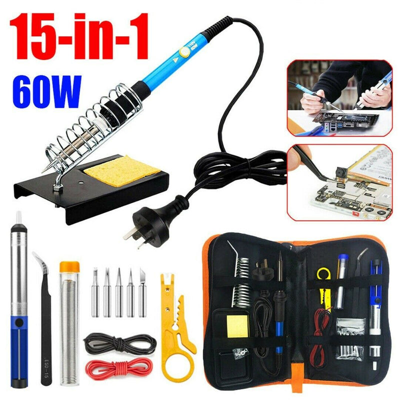 15Pcs Electric Soldering Iron Kit Welding Tool Set Adjustable Temperature 60W #