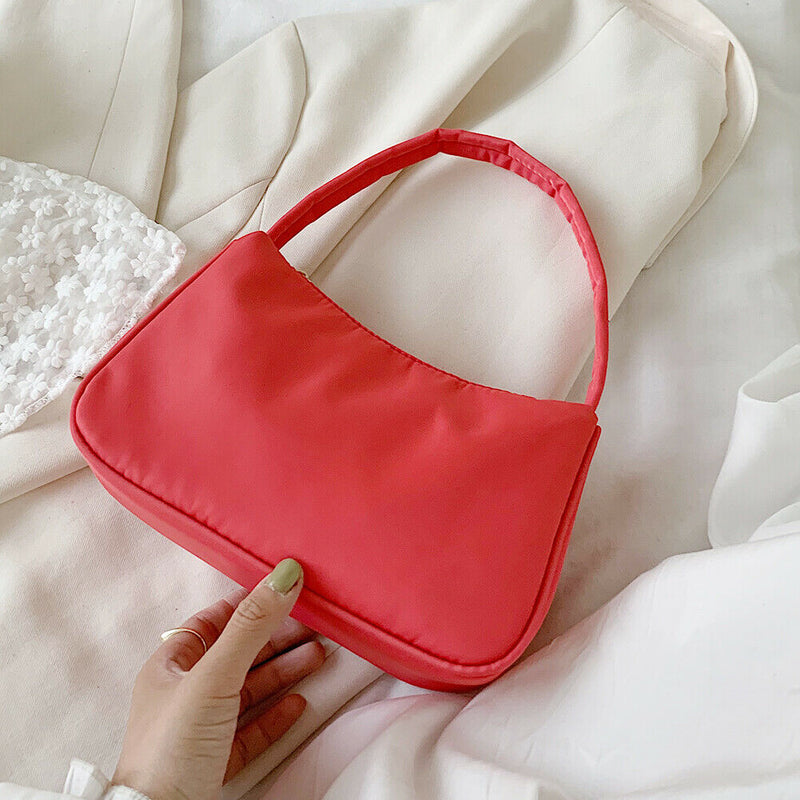 Nylon Casual Women Handbag Female Solid Underarm Shoulder Bag (Rose Red)