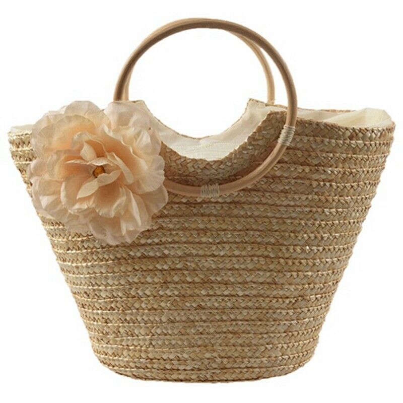 Women's Straw Handbag Flower Woven Summer Beach Messenger Tote Bag Basket S E6Y1