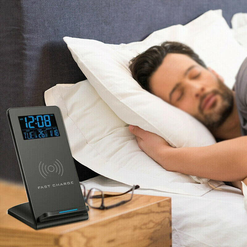 Electric LCD Digital Alarm Clock w/ Wireless Charging Pad Phone Charger Stand