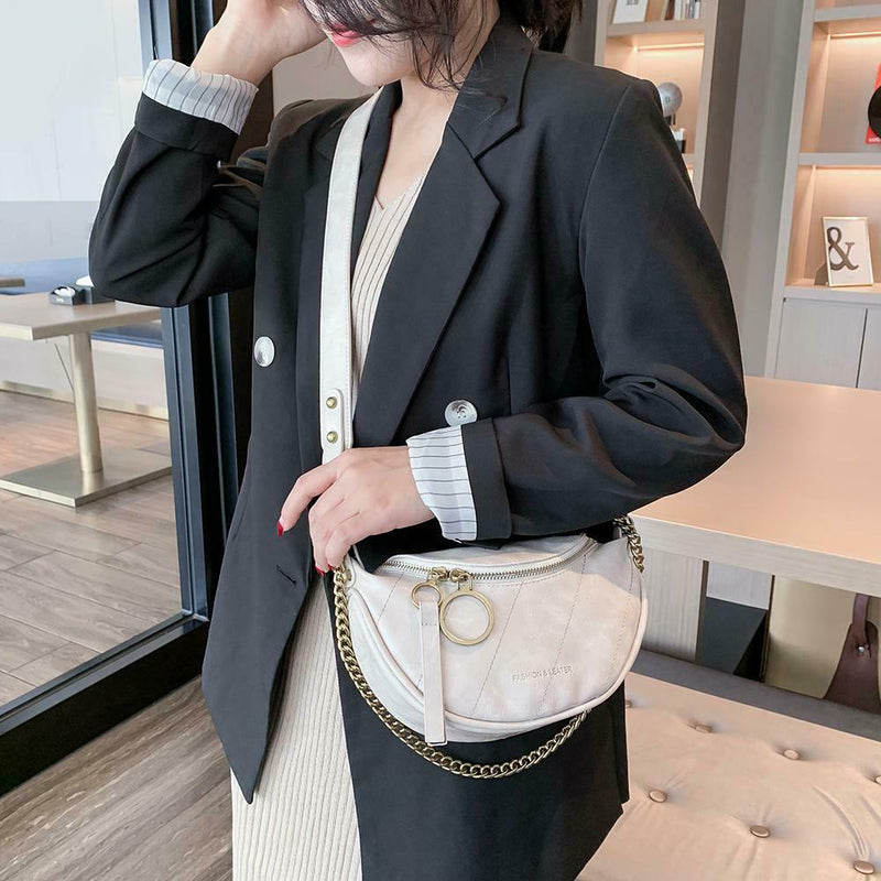 Fashion Leather Crossbody Bags Women Chain Shoulder Travel Handbag (Beige)