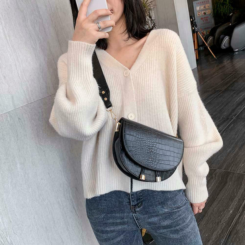 Retro Crossbody Handbag Women Semicircle PU Leather Shoulder Bag (Black)