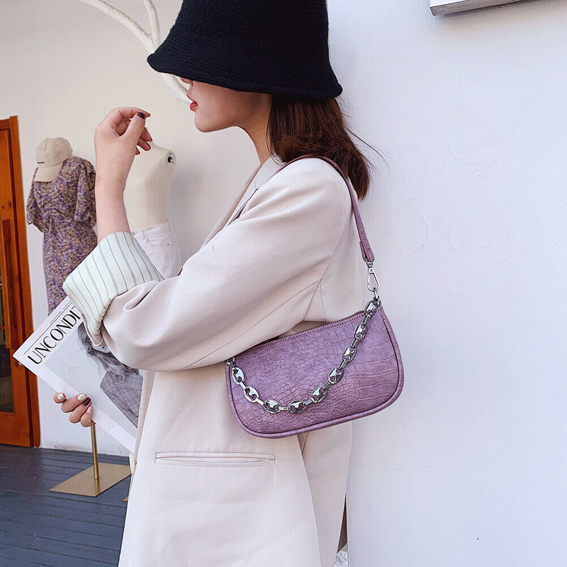 Alligator Pattern Shoulder Totes Bag Women Leather Chain Handbag (Purple)